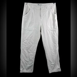 Zara High Rise Utility Patch Pocket Straight Leg Pants relaxed boho tan sz 12